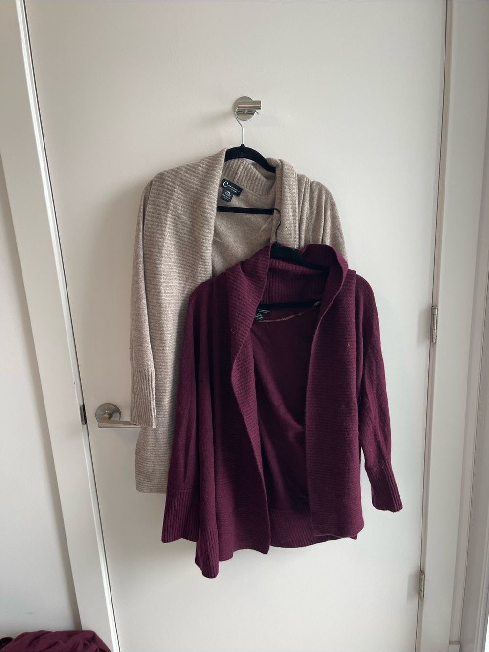Bloomingdale’s Cashmere Two Women's Open-Front Cardigan Sweaters Burgundy& Tan